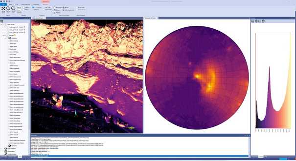 Outcrop model coded for dip and the associated stereonet