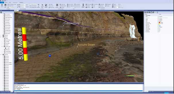A digital outcrop model labelled and annotated with scale bars, waypoints and text