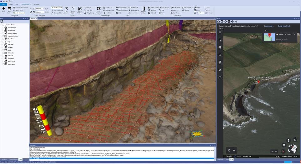 A fracture network mapped across a coastal cliff outcrop, with a location map, in VRGS