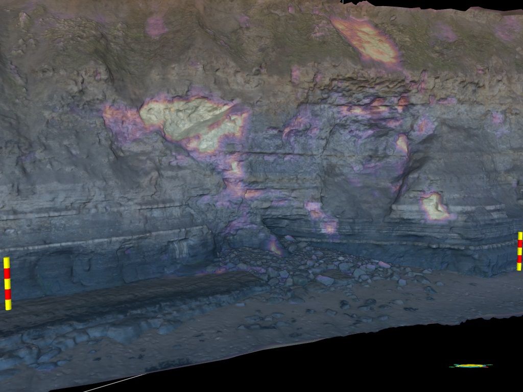 The 2022 model blended with the difference (2017-2022) attribute. This attribute is the distance to nearest point on the 2017 model from each point in the 2022 model. The yellow areas show where material has eroded away, with a difference of up to 2.5m.